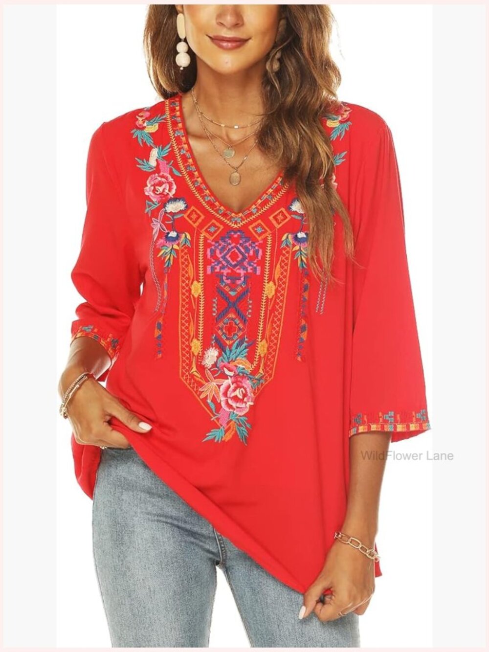 Embroidery V-Neck Tunic Top 3/4 Sleeve Boho Loose Fit Blouse